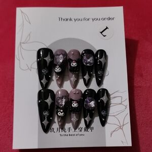 Black & Lavender Cute Character Stiletto Press-On Nails